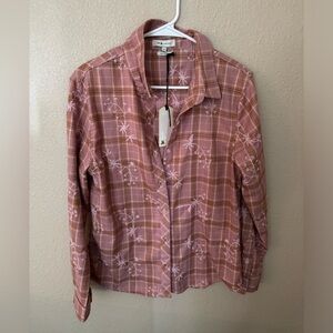 NEW Miss Me MM Vintage Embroidered Floral Plaid Top Pink Mauve Long Sleeve